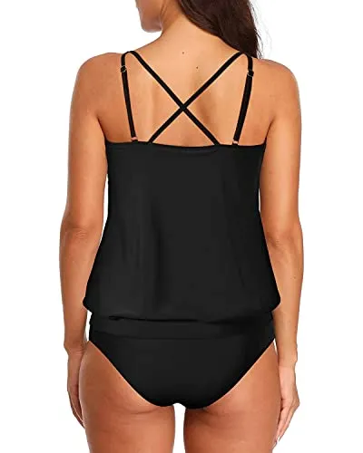 Women's Built-In Sports Soft Bra Wireless Blouson Tankini Swimsuits-Black