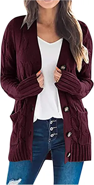 Womens Cardigan Sweaters Dressy Casual Long Sleeve Cable Knit Sweater Open Front Cardigan Button Loose Coat