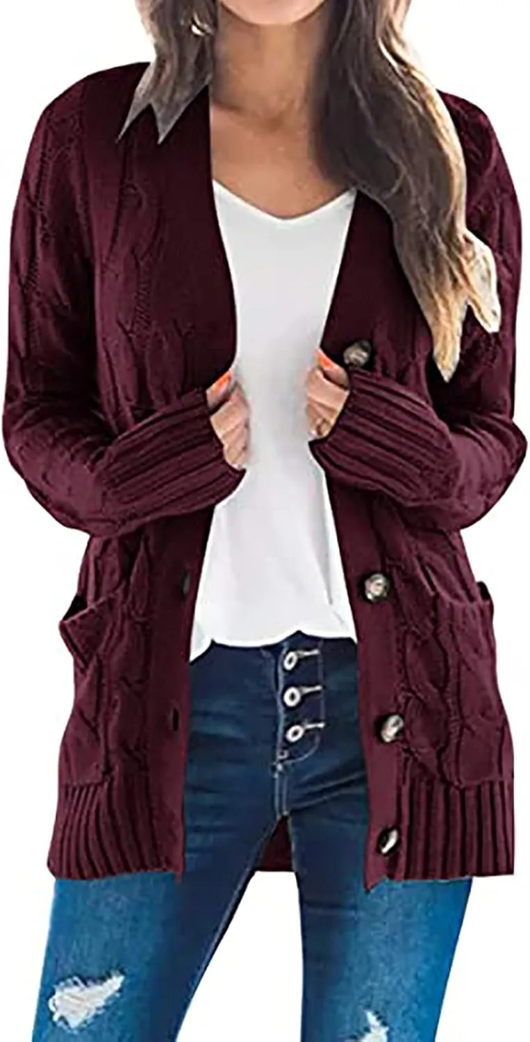 Womens Cardigan Sweaters Dressy Casual Long Sleeve Cable Knit Sweater Open Front Cardigan Button Loose Coat