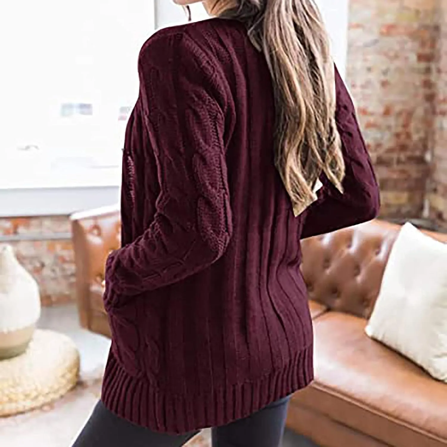 Womens Cardigan Sweaters Dressy Casual Long Sleeve Cable Knit Sweater Open Front Cardigan Button Loose Coat