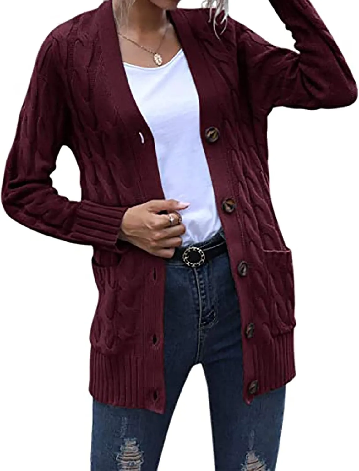 Womens Cardigan Sweaters Dressy Casual Long Sleeve Cable Knit Sweater Open Front Cardigan Button Loose Coat