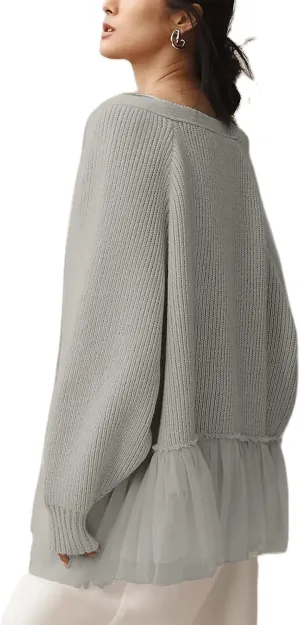 Womens Cardigan Sweaters Y2k Oversized Crochet Knitted Tops Fairy Vintage Soft Tulle Ruffle Ribbed Jacket