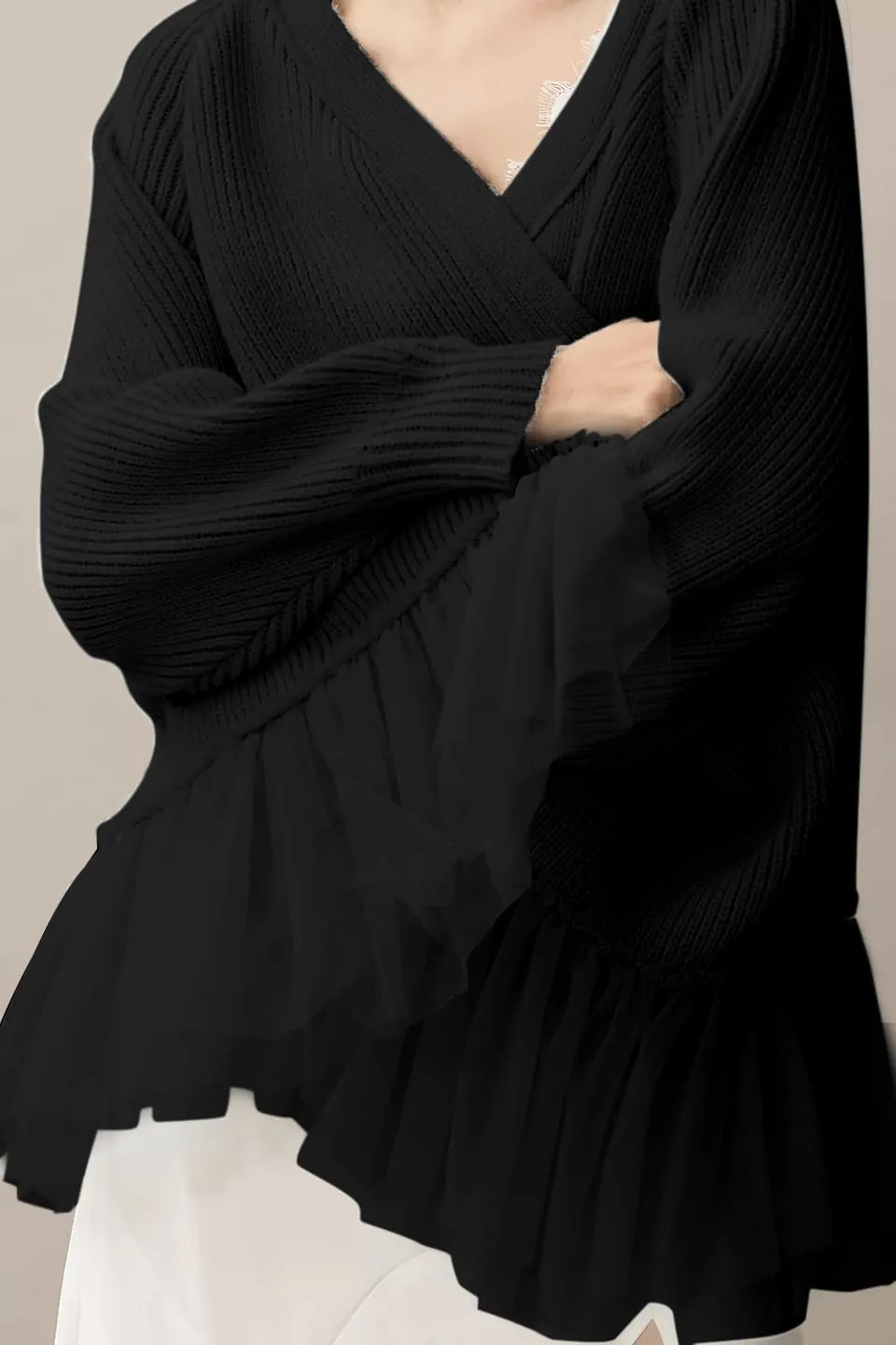 Womens Cardigan Sweaters Y2k Oversized Crochet Knitted Tops Fairy Vintage Soft Tulle Ruffle Ribbed Jacket