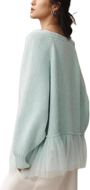 Womens Cardigan Sweaters Y2k Oversized Crochet Knitted Tops Fairy Vintage Soft Tulle Ruffle Ribbed Jacket