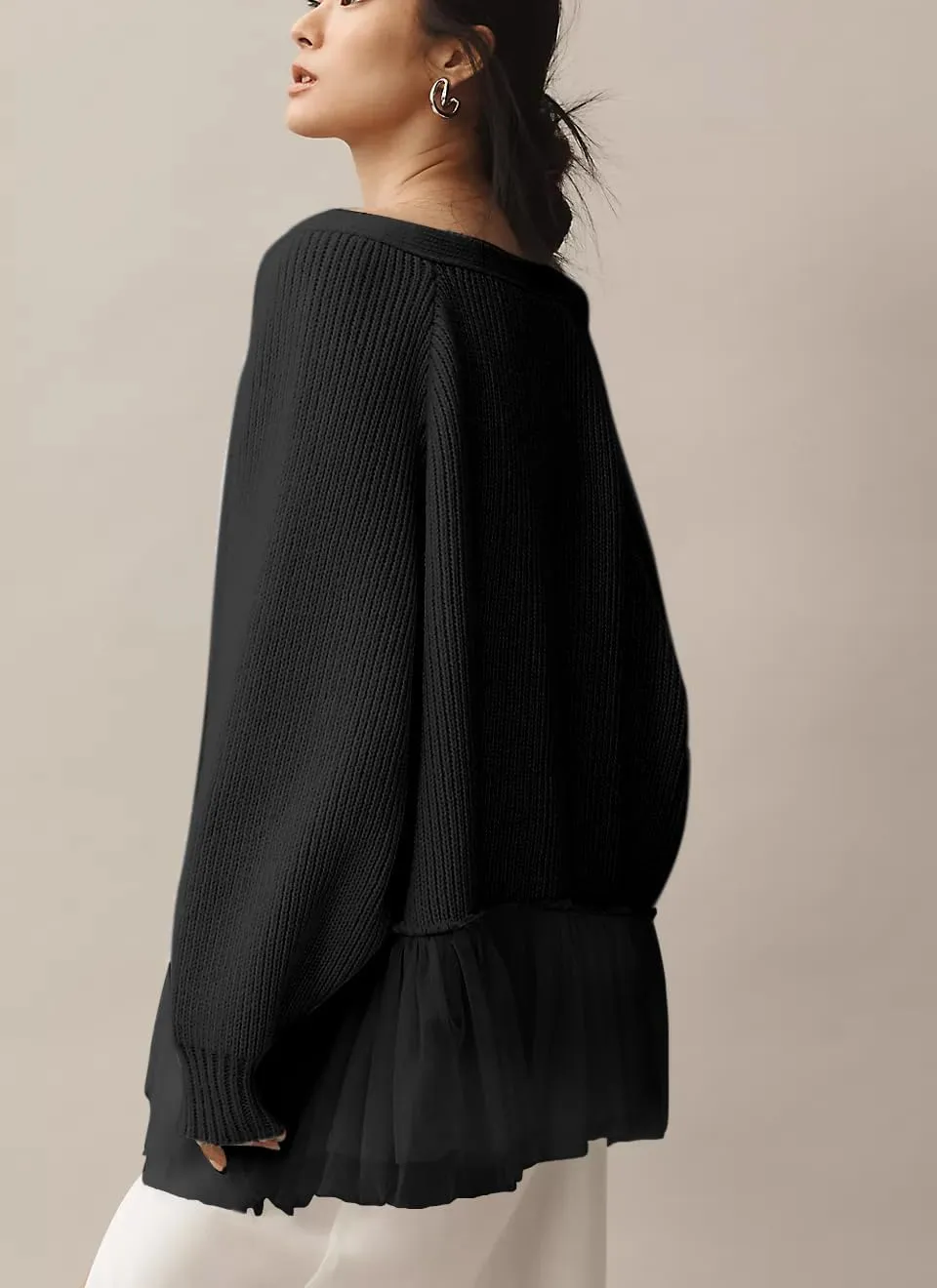 Womens Cardigan Sweaters Y2k Oversized Crochet Knitted Tops Fairy Vintage Soft Tulle Ruffle Ribbed Jacket
