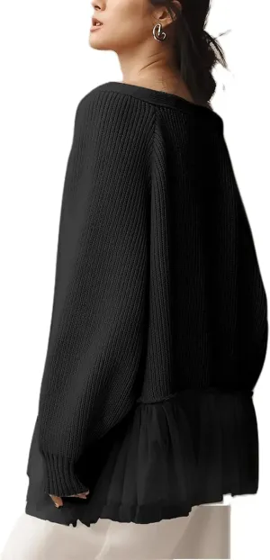 Womens Cardigan Sweaters Y2k Oversized Crochet Knitted Tops Fairy Vintage Soft Tulle Ruffle Ribbed Jacket