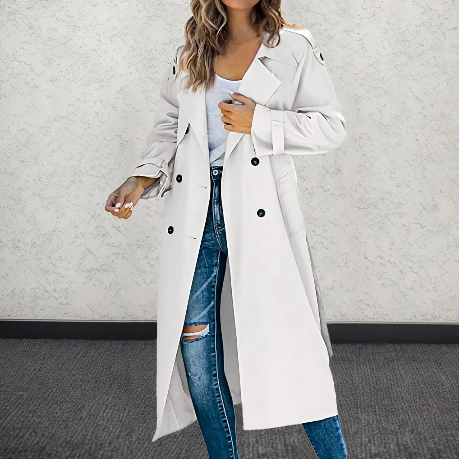 Womens Casual Elegant Long Trench Coat 2024 Classic Fall Overcoat with Belt Fashion Slim Outerwear Collar Jackets