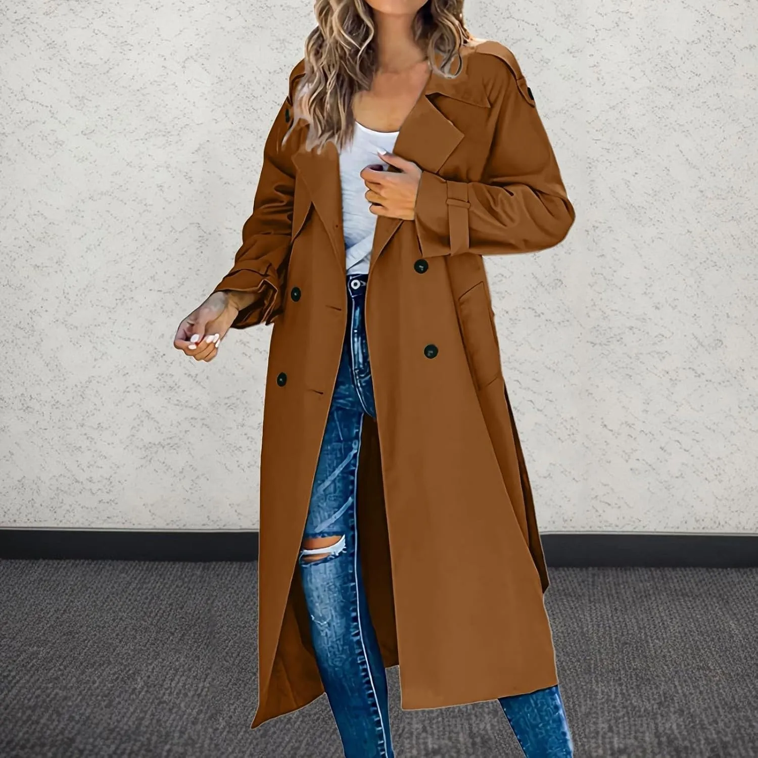 Womens Casual Elegant Long Trench Coat 2024 Classic Fall Overcoat with Belt Fashion Slim Outerwear Collar Jackets