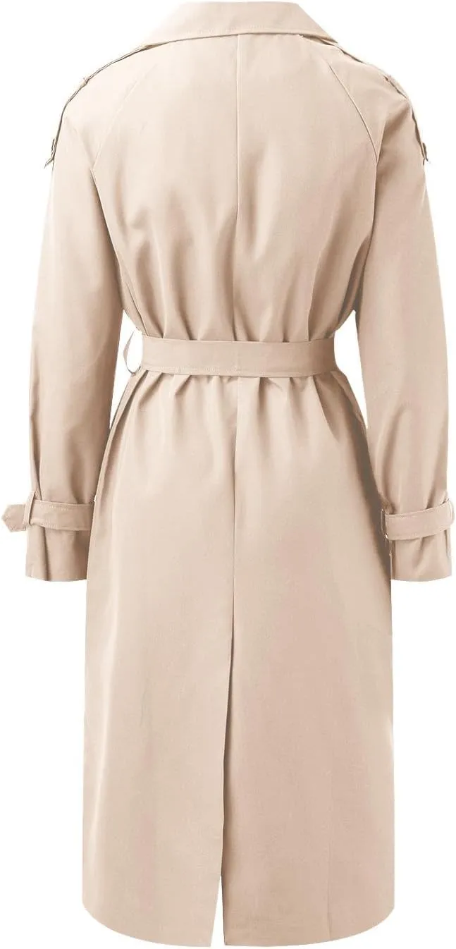Womens Casual Elegant Long Trench Coat 2024 Classic Fall Overcoat with Belt Fashion Slim Outerwear Collar Jackets