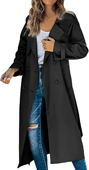 Womens Casual Elegant Long Trench Coat 2024 Classic Fall Overcoat with Belt Fashion Slim Outerwear Collar Jackets
