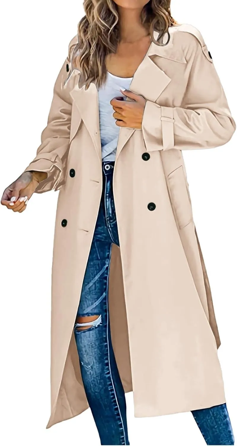 Womens Casual Elegant Long Trench Coat 2024 Classic Fall Overcoat with Belt Fashion Slim Outerwear Collar Jackets