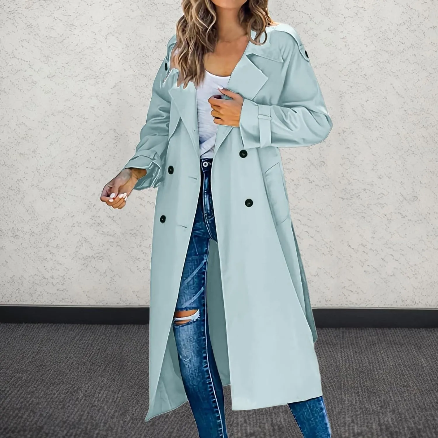Womens Casual Elegant Long Trench Coat 2024 Classic Fall Overcoat with Belt Fashion Slim Outerwear Collar Jackets