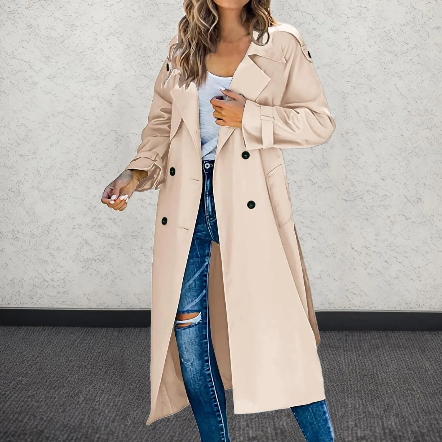 Womens Casual Elegant Long Trench Coat 2024 Classic Fall Overcoat with Belt Fashion Slim Outerwear Collar Jackets
