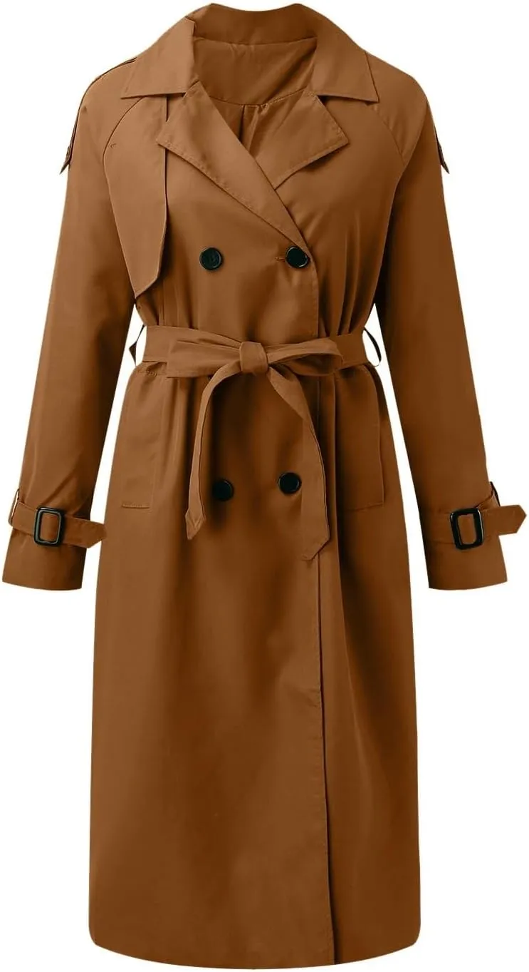 Womens Casual Elegant Long Trench Coat 2024 Classic Fall Overcoat with Belt Fashion Slim Outerwear Collar Jackets