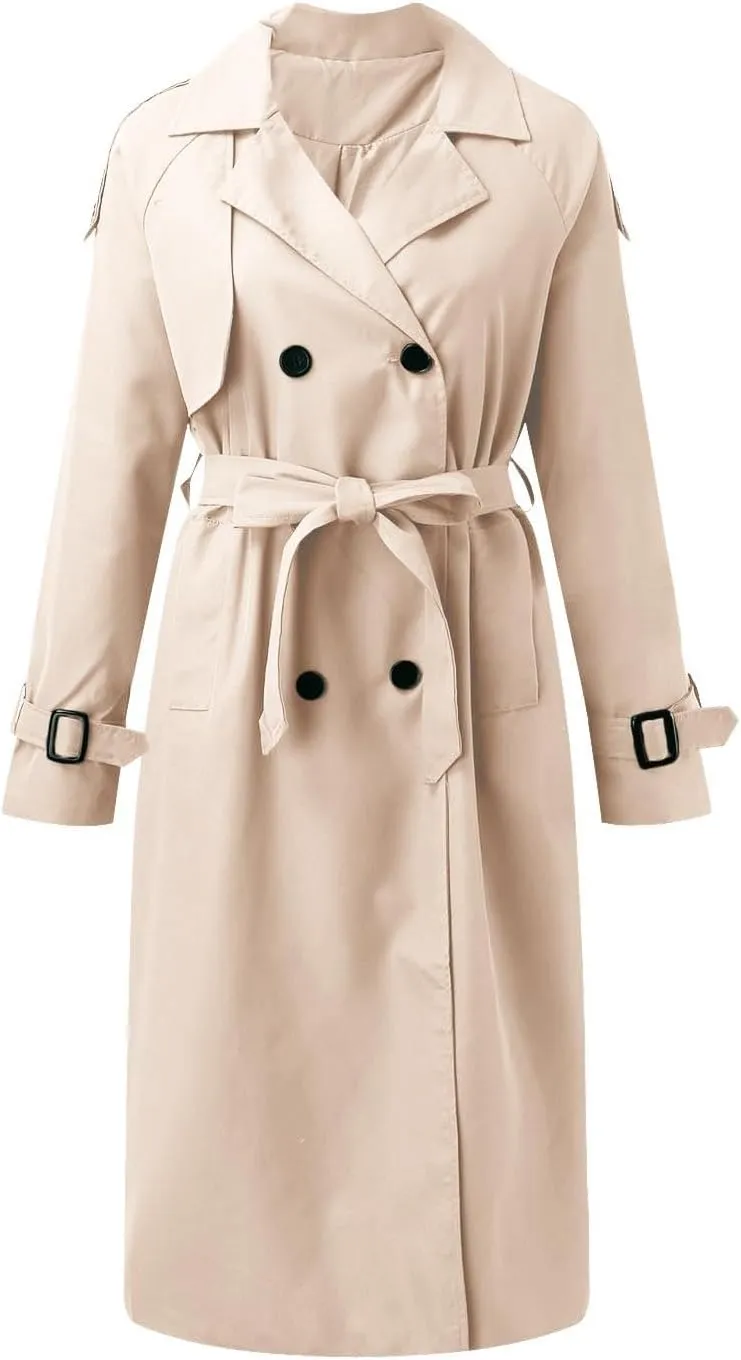 Womens Casual Elegant Long Trench Coat 2024 Classic Fall Overcoat with Belt Fashion Slim Outerwear Collar Jackets