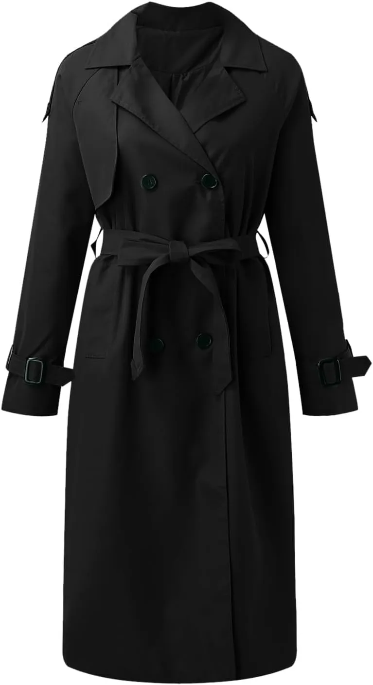 Womens Casual Elegant Long Trench Coat 2024 Classic Fall Overcoat with Belt Fashion Slim Outerwear Collar Jackets