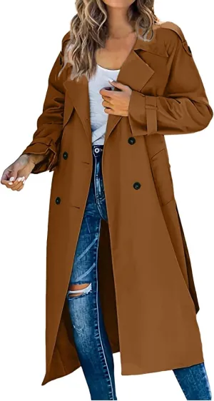 Womens Casual Elegant Long Trench Coat 2024 Classic Fall Overcoat with Belt Fashion Slim Outerwear Collar Jackets