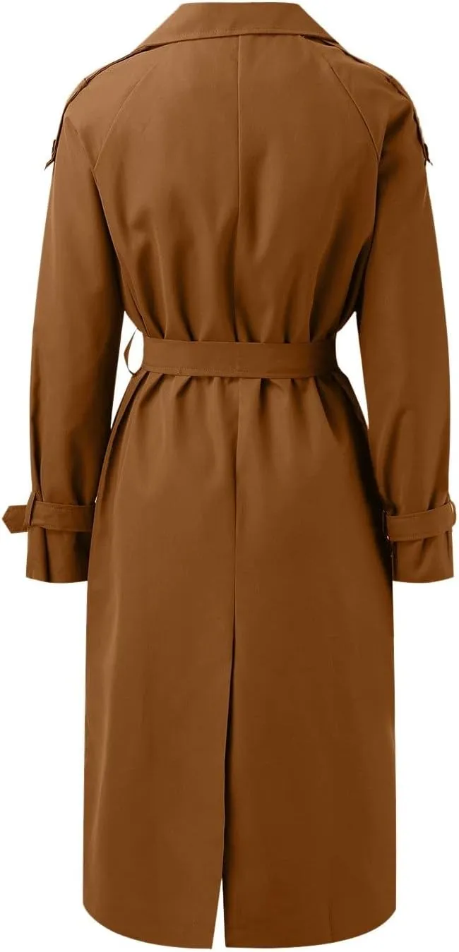 Womens Casual Elegant Long Trench Coat 2024 Classic Fall Overcoat with Belt Fashion Slim Outerwear Collar Jackets
