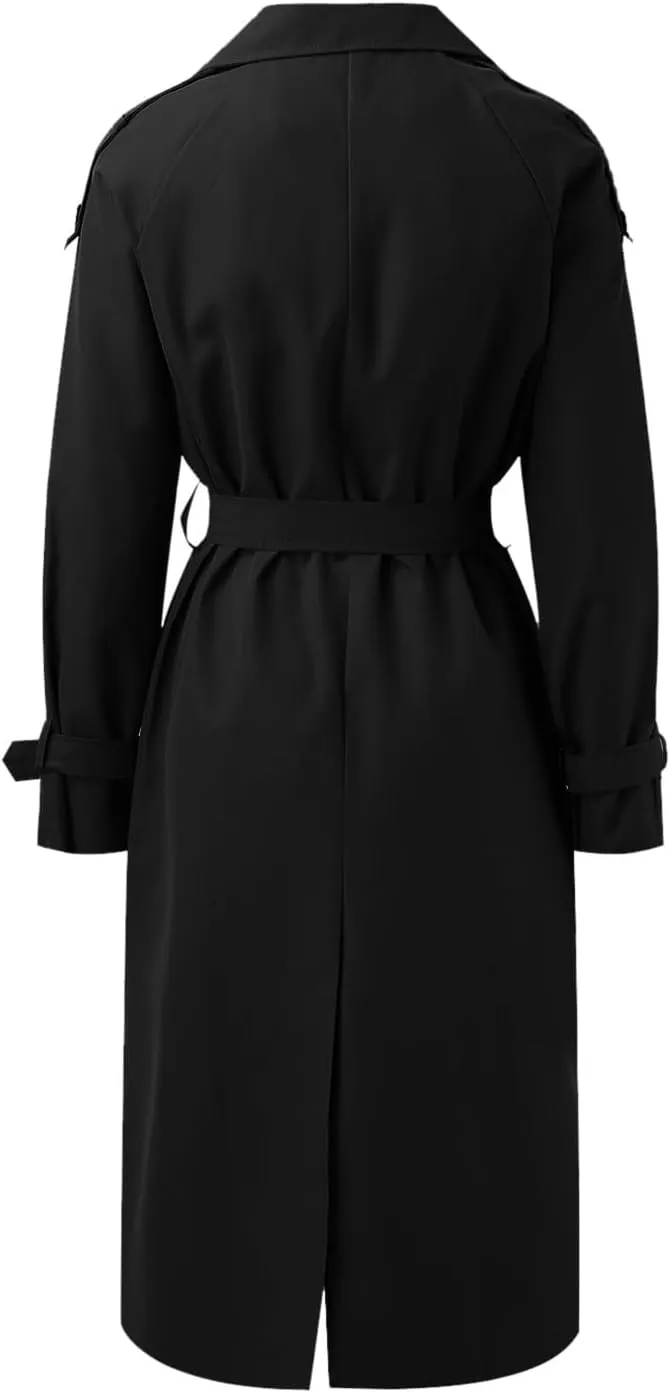 Womens Casual Elegant Long Trench Coat 2024 Classic Fall Overcoat with Belt Fashion Slim Outerwear Collar Jackets