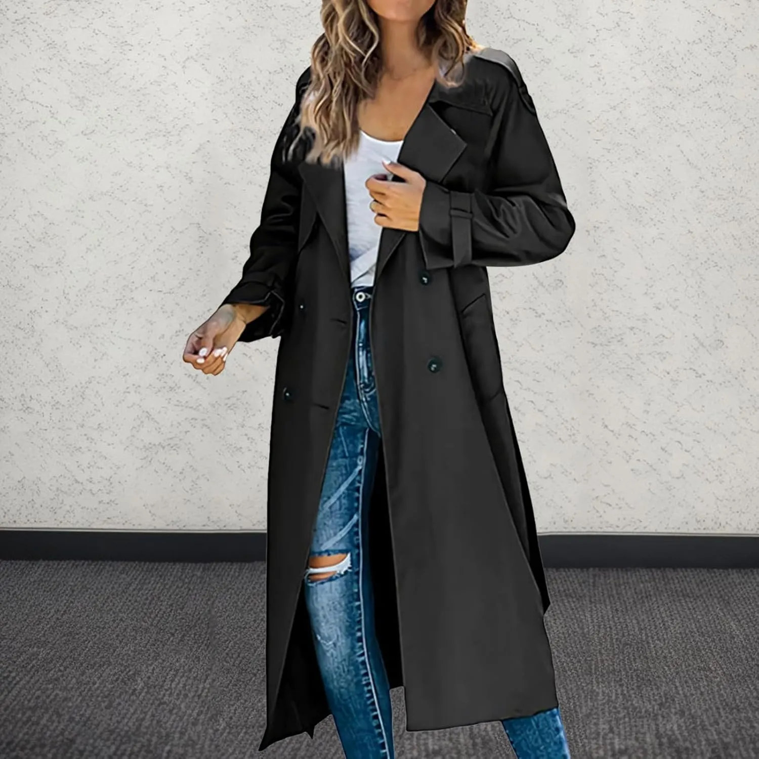 Womens Casual Elegant Long Trench Coat 2024 Classic Fall Overcoat with Belt Fashion Slim Outerwear Collar Jackets