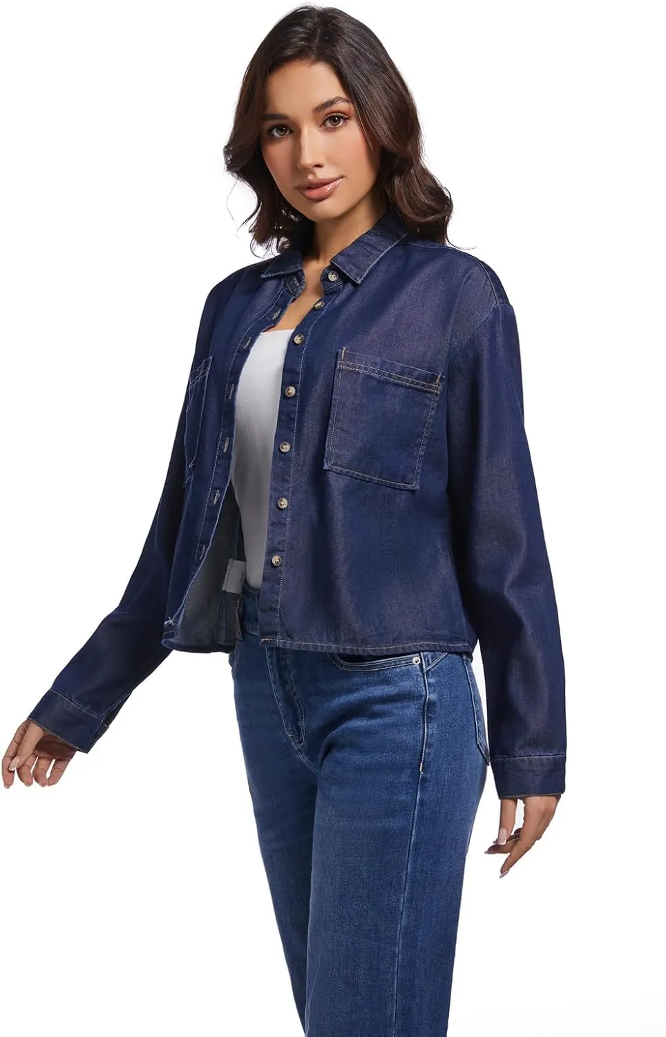 Women's Cropped Denim Shirt Long Sleeve Button Down Jean Blouse with Pockets, Comfort Fit Casual Vintage Top