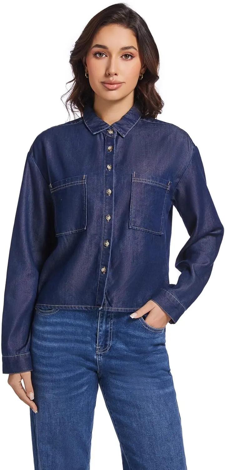Women's Cropped Denim Shirt Long Sleeve Button Down Jean Blouse with Pockets, Comfort Fit Casual Vintage Top