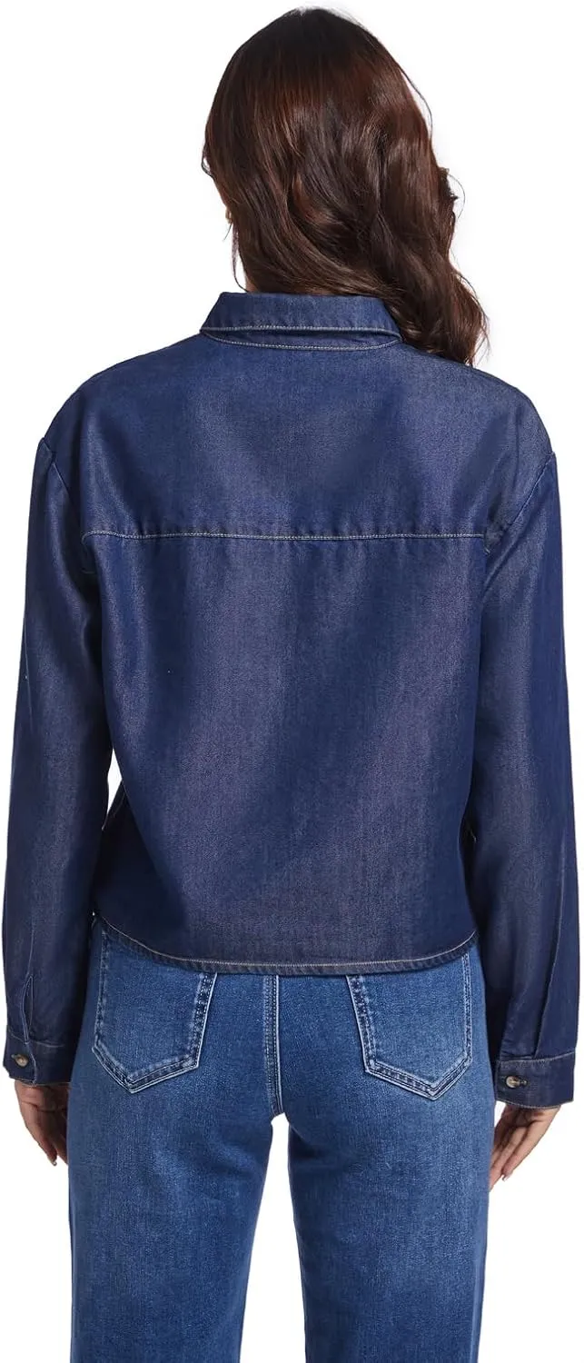 Women's Cropped Denim Shirt Long Sleeve Button Down Jean Blouse with Pockets, Comfort Fit Casual Vintage Top