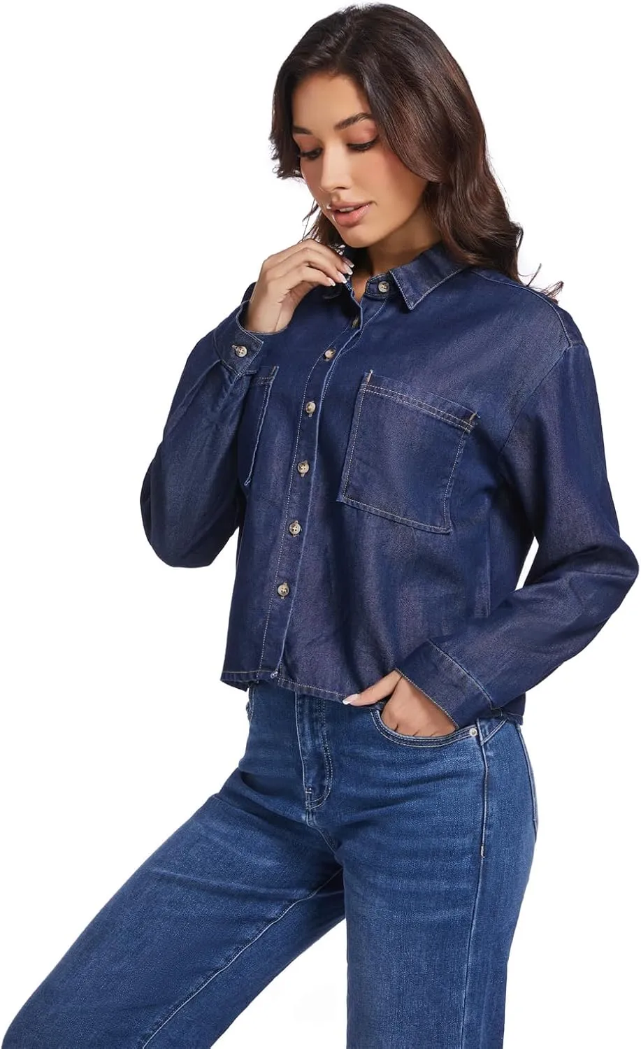 Women's Cropped Denim Shirt Long Sleeve Button Down Jean Blouse with Pockets, Comfort Fit Casual Vintage Top