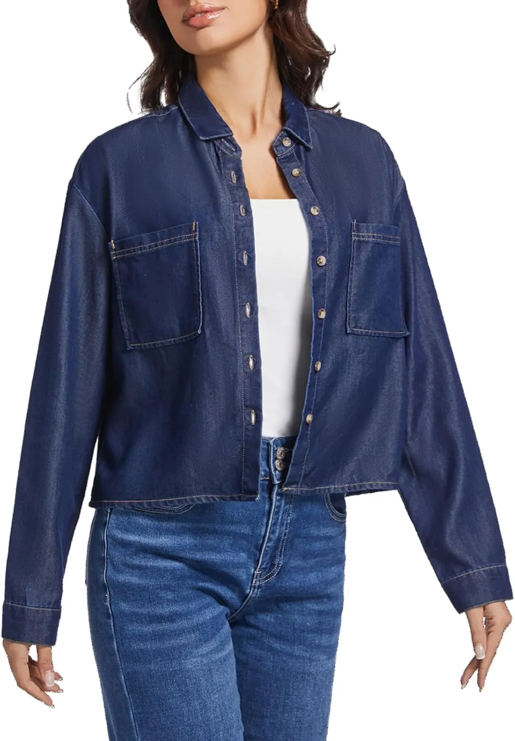 Women's Cropped Denim Shirt Long Sleeve Button Down Jean Blouse with Pockets, Comfort Fit Casual Vintage Top