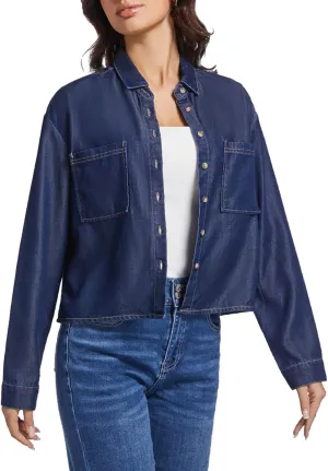 Women's Cropped Denim Shirt Long Sleeve Button Down Jean Blouse with Pockets, Comfort Fit Casual Vintage Top