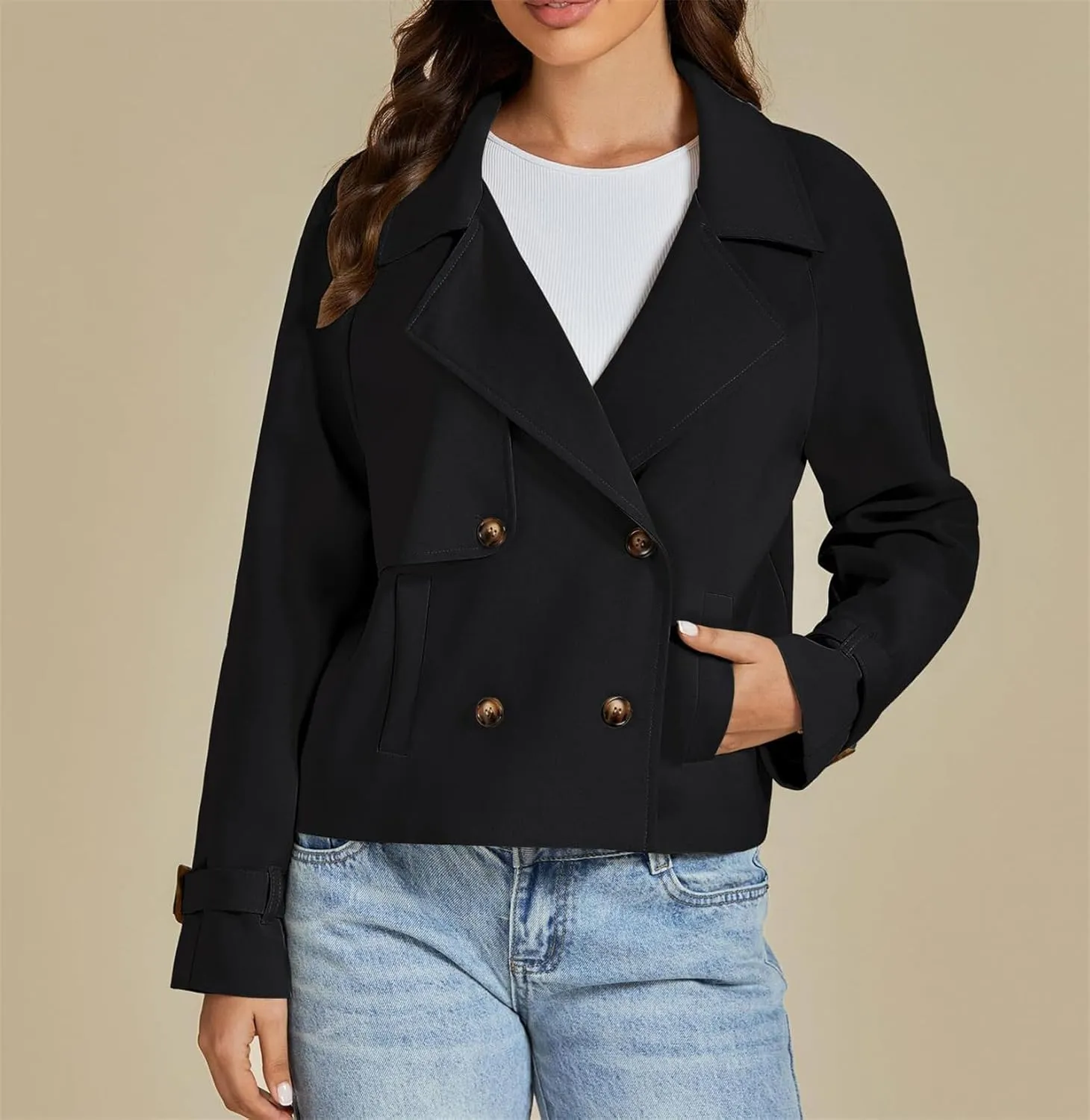 Womens Cropped Double Breasted Trench Coat Casual Notched Lapel Loose Fit Short Jacket Fall Fashion Outerwear