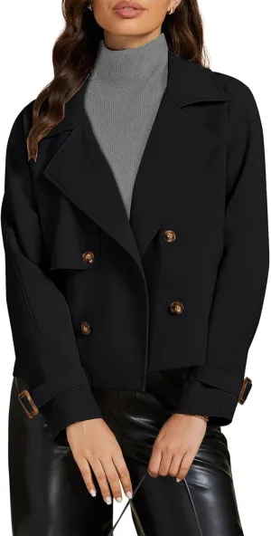 Womens Cropped Double Breasted Trench Coat Casual Notched Lapel Loose Fit Short Jacket Fall Fashion Outerwear