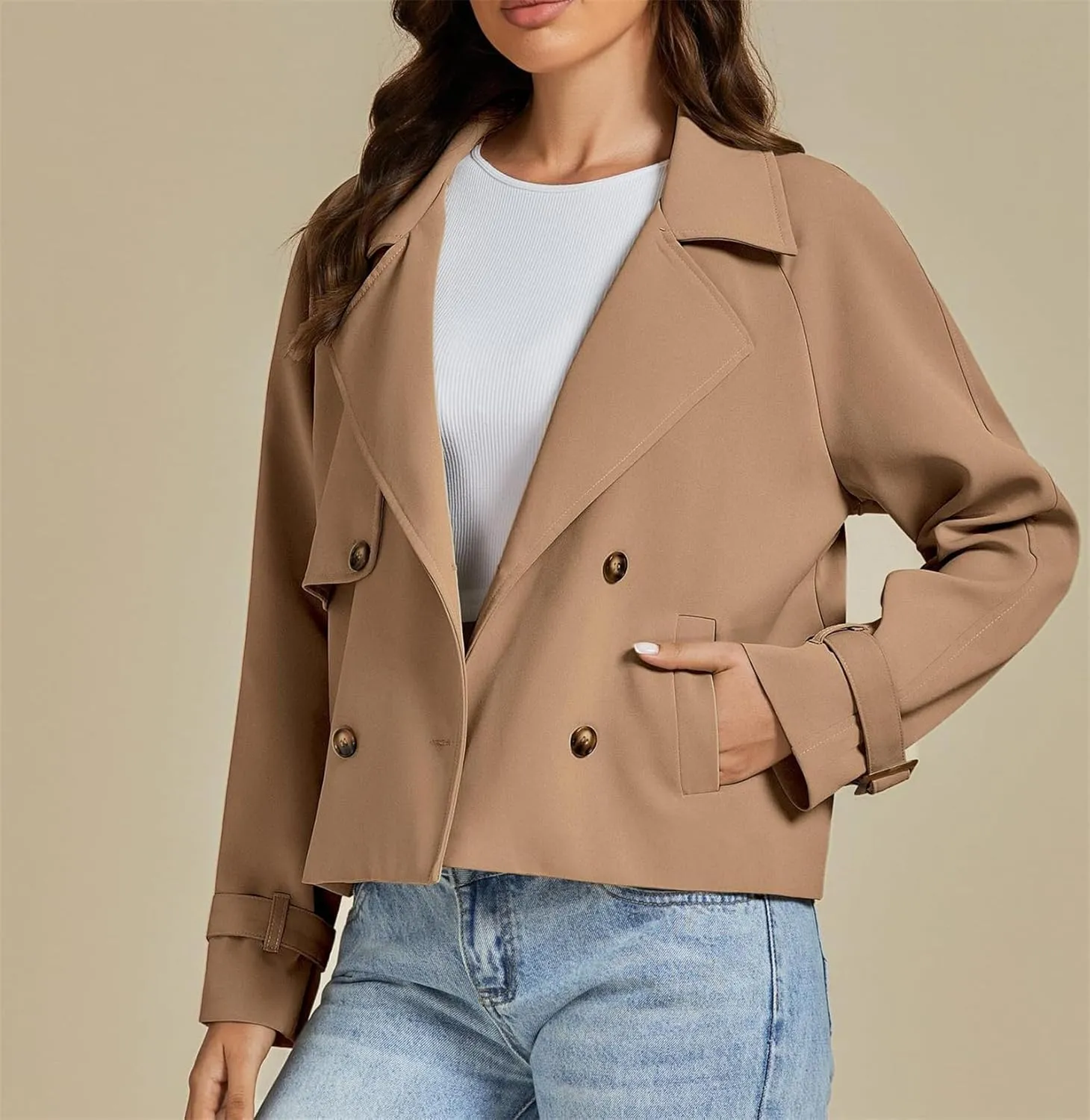 Womens Cropped Double Breasted Trench Coat Casual Notched Lapel Loose Fit Short Jacket Fall Fashion Outerwear