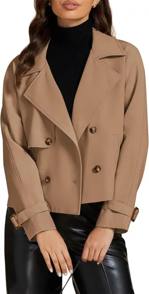 Womens Cropped Double Breasted Trench Coat Casual Notched Lapel Loose Fit Short Jacket Fall Fashion Outerwear