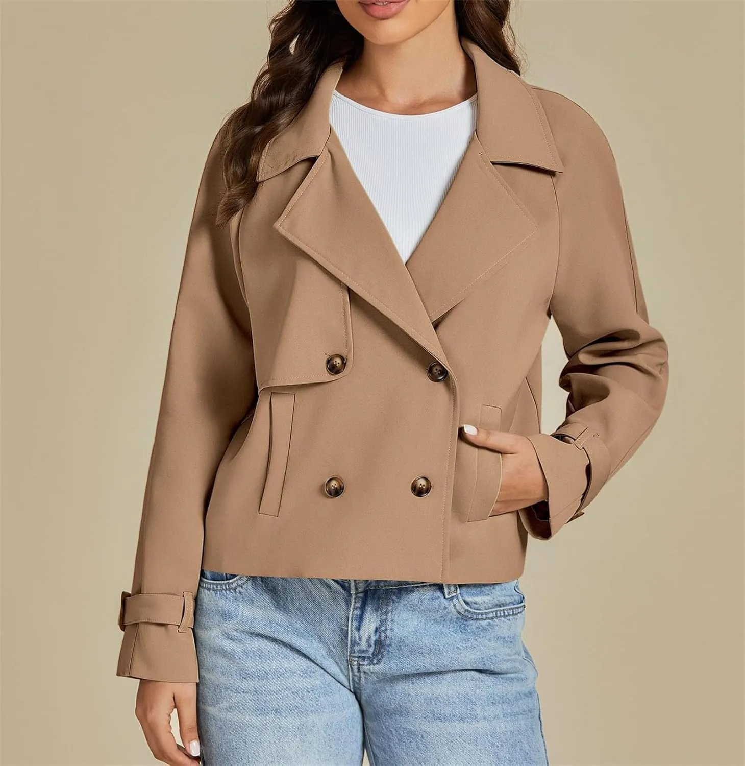 Womens Cropped Double Breasted Trench Coat Casual Notched Lapel Loose Fit Short Jacket Fall Fashion Outerwear