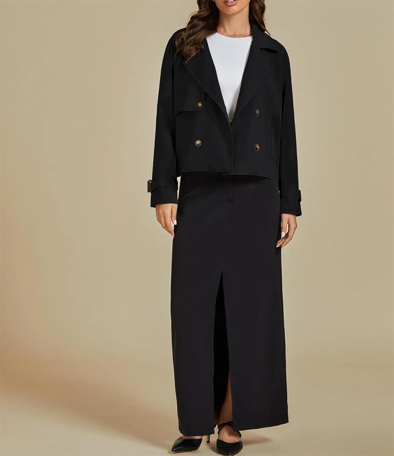 Womens Cropped Double Breasted Trench Coat Casual Notched Lapel Loose Fit Short Jacket Fall Fashion Outerwear