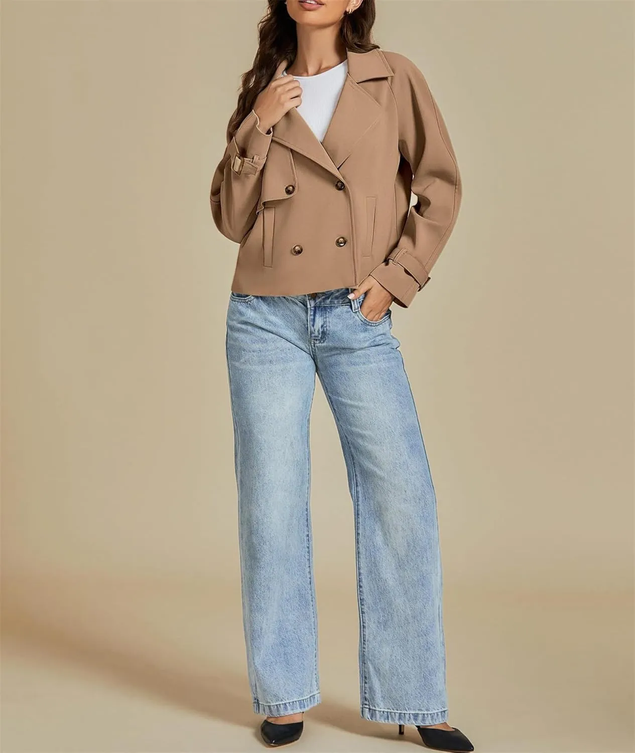Womens Cropped Double Breasted Trench Coat Casual Notched Lapel Loose Fit Short Jacket Fall Fashion Outerwear