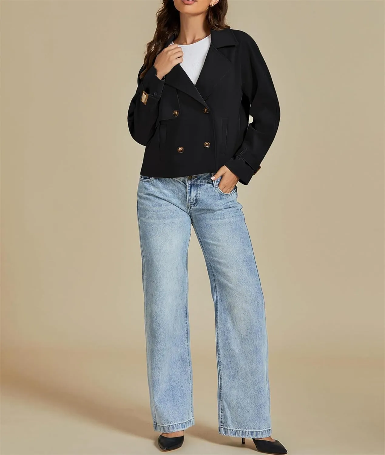 Womens Cropped Double Breasted Trench Coat Casual Notched Lapel Loose Fit Short Jacket Fall Fashion Outerwear