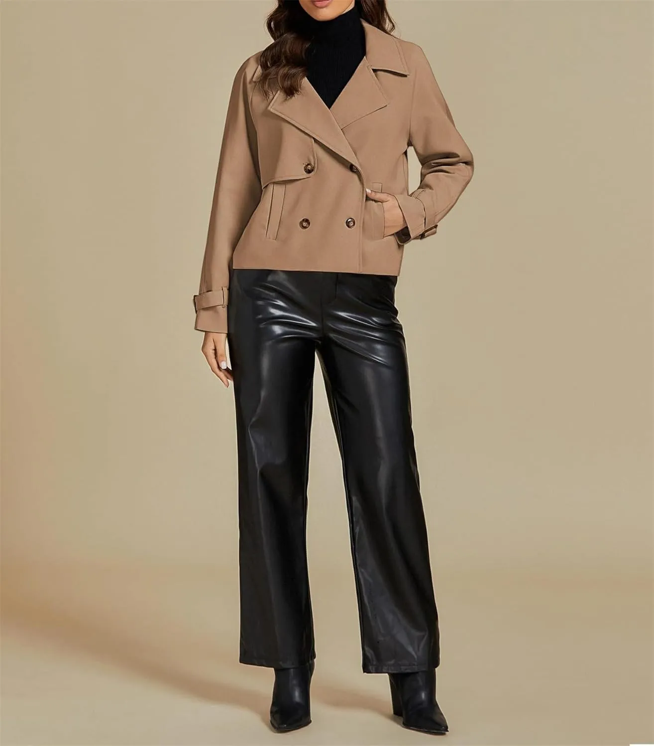 Womens Cropped Double Breasted Trench Coat Casual Notched Lapel Loose Fit Short Jacket Fall Fashion Outerwear