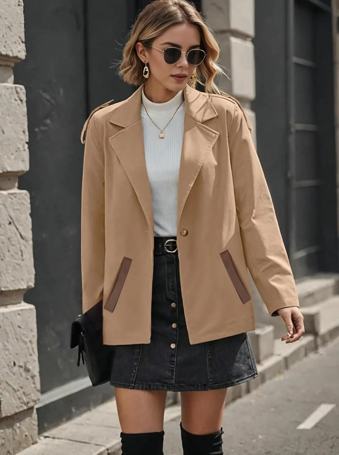 Women's Cropped Trench Coat Notch Lapel Long Sleeve Blazer Casual Short Jacket Fall Fashion Outerwear with Pockets