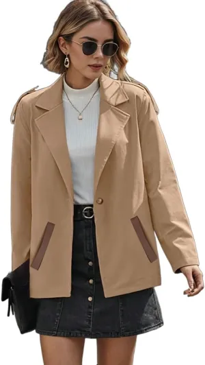 Women's Cropped Trench Coat Notch Lapel Long Sleeve Blazer Casual Short Jacket Fall Fashion Outerwear with Pockets