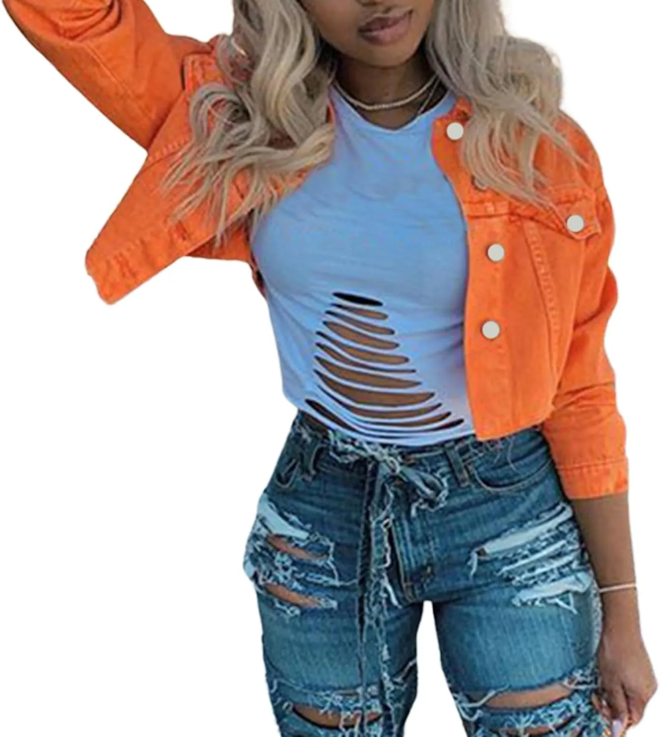 Women's Denim Short Long Sleeve Lapel Jacket Button Down Distressed Hem Crop Jeans Coat