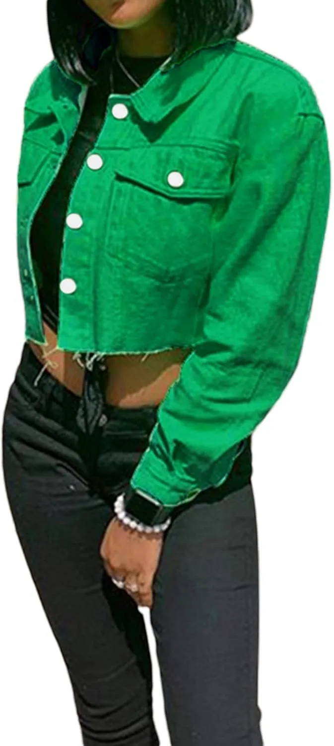 Women's Denim Short Long Sleeve Lapel Jacket Button Down Distressed Hem Crop Jeans Coat