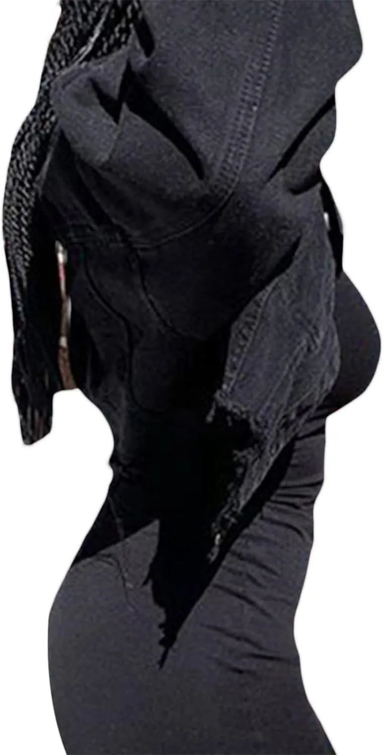 Women's Denim Short Long Sleeve Lapel Jacket Button Down Distressed Hem Crop Jeans Coat