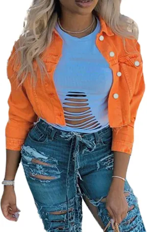 Women's Denim Short Long Sleeve Lapel Jacket Button Down Distressed Hem Crop Jeans Coat