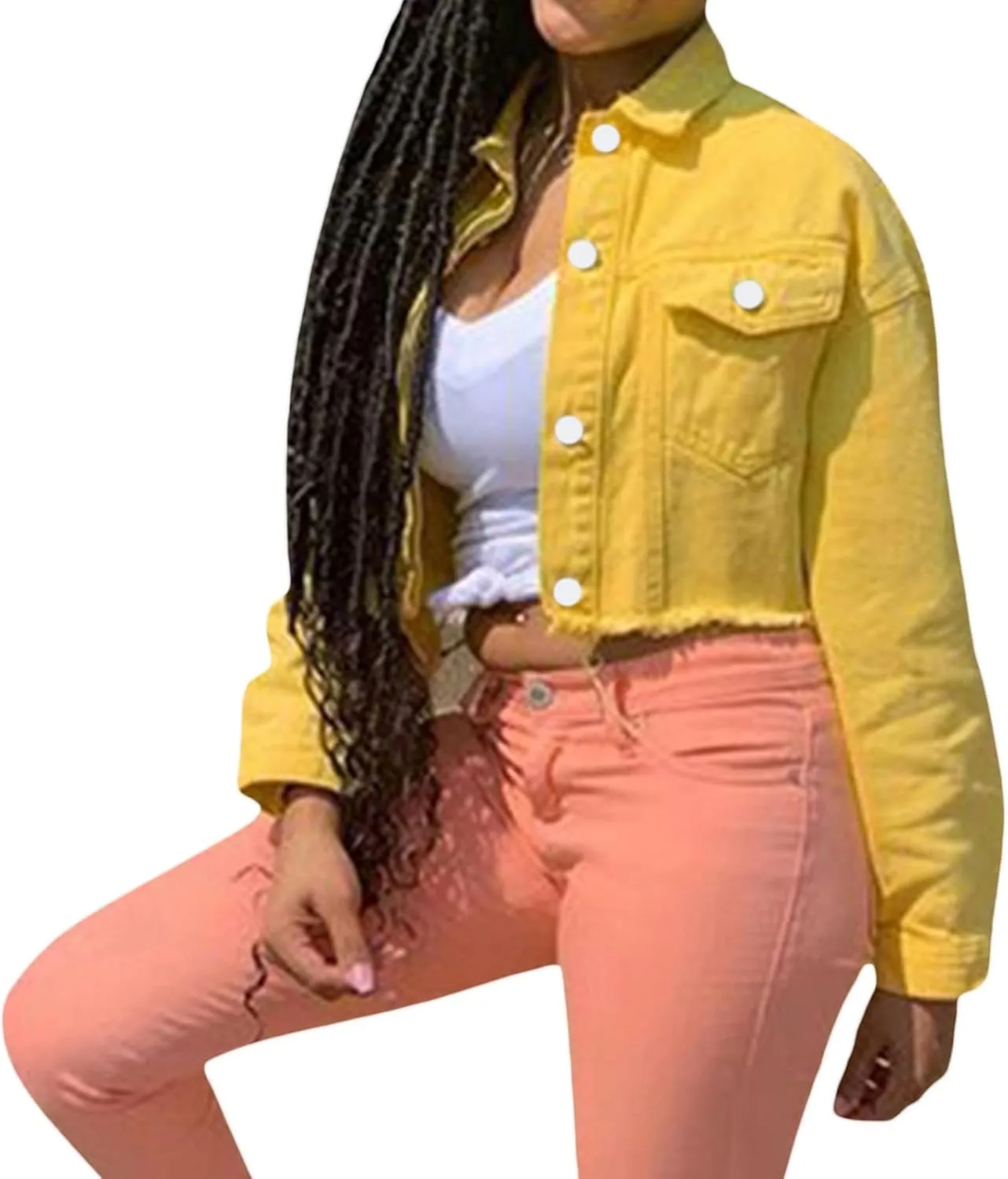 Women's Denim Short Long Sleeve Lapel Jacket Button Down Distressed Hem Crop Jeans Coat