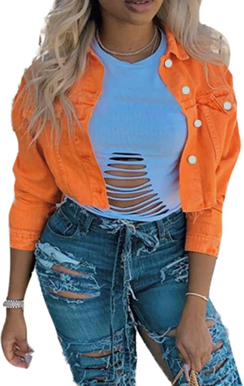 Women's Denim Short Long Sleeve Lapel Jacket Button Down Distressed Hem Crop Jeans Coat