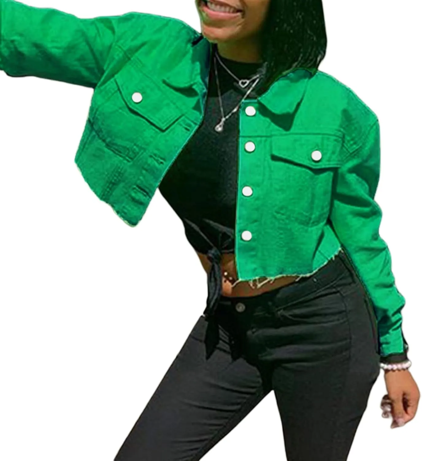 Women's Denim Short Long Sleeve Lapel Jacket Button Down Distressed Hem Crop Jeans Coat