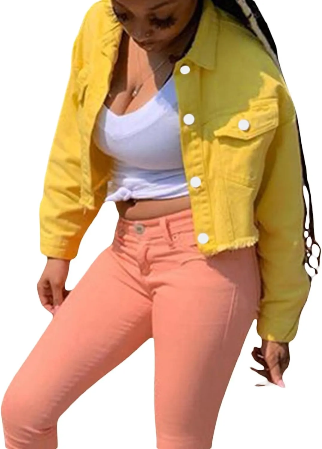 Women's Denim Short Long Sleeve Lapel Jacket Button Down Distressed Hem Crop Jeans Coat