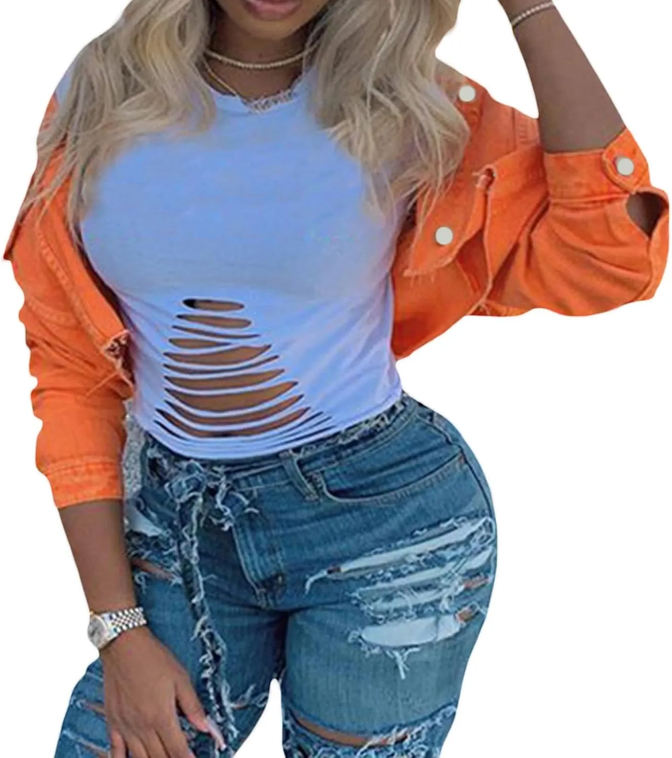 Women's Denim Short Long Sleeve Lapel Jacket Button Down Distressed Hem Crop Jeans Coat